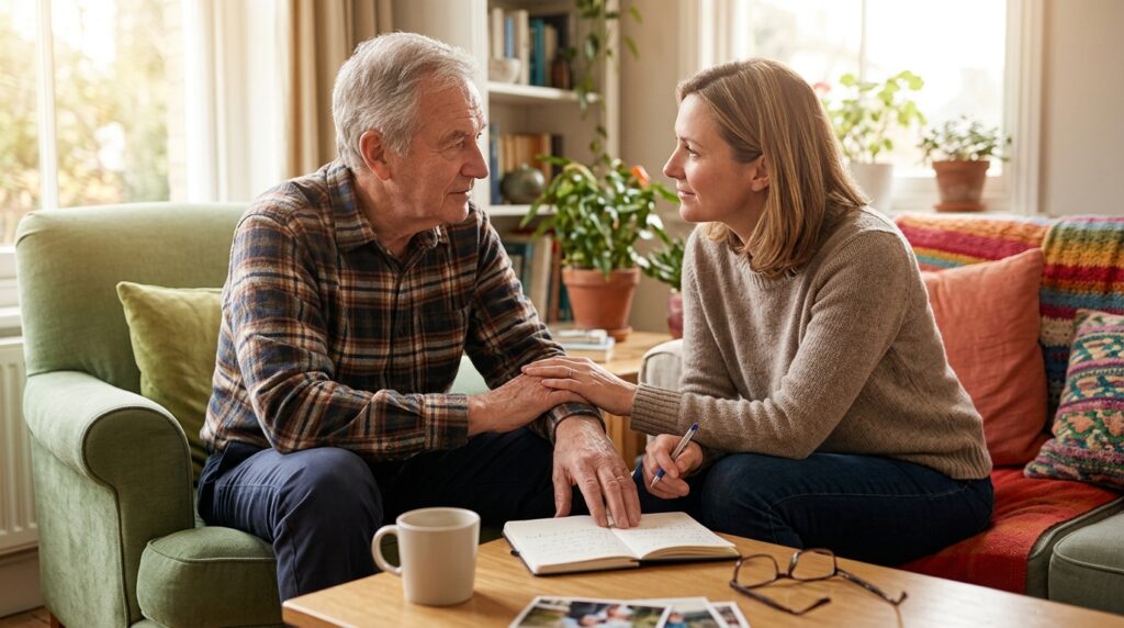 Family members supporting an older adult after a fall to help them get care
