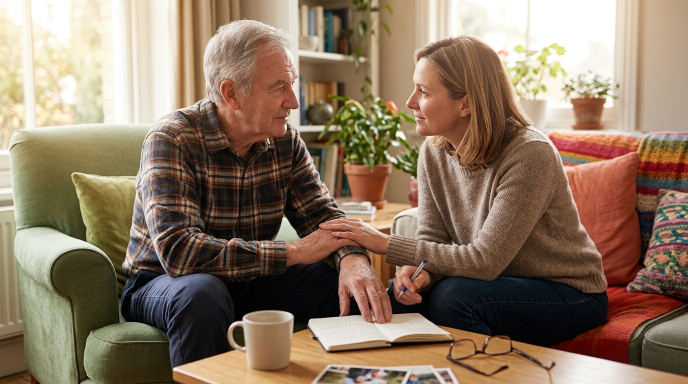 Family members supporting an older adult after a fall to help them get care