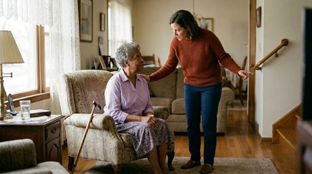 A caregiver explaining safety features to an older adult.