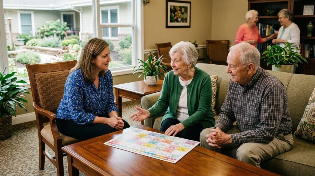 A caregiver speaks to a senior couple about the services offered in assisted living.