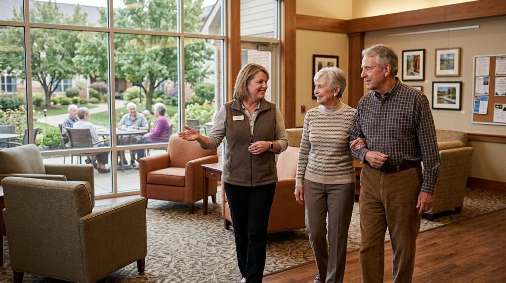 A team member gives a tour to a smiling older adult couple in an assisted living community.