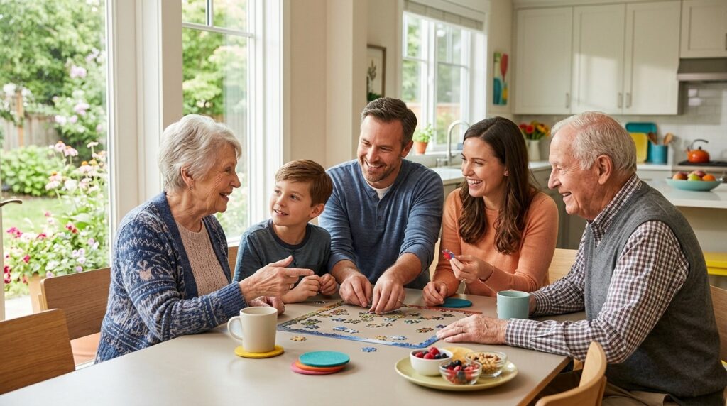Smiling senior and family member sharing a warm moment together, staying connected through conversation and companionship.