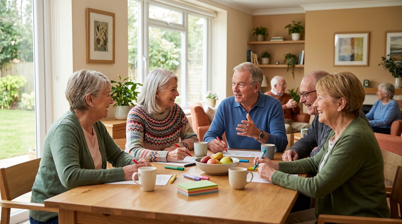 Smiling older adults gathered together at a community social event, enjoying connection and conversation.