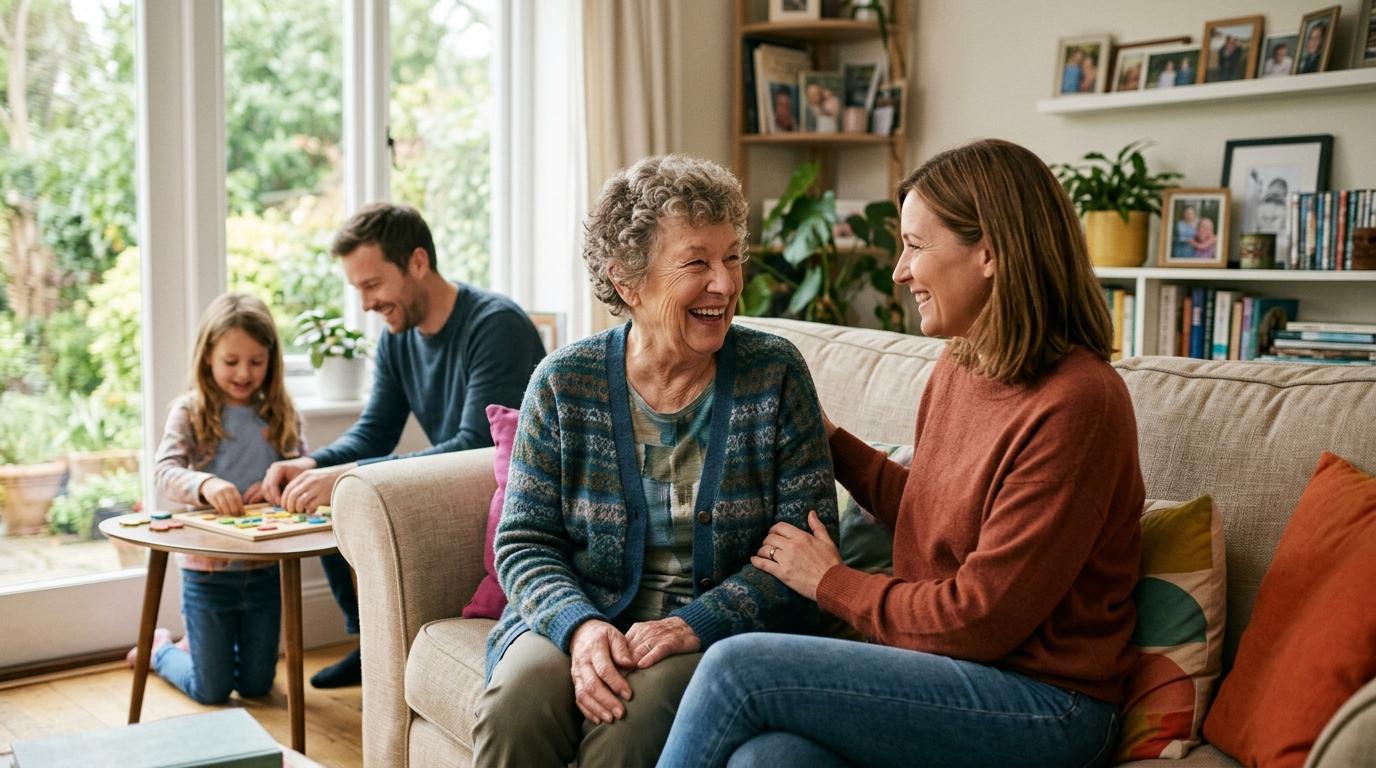 A smiling senior adult and family member sharing a warm moment together, representing peace of mind in senior living.