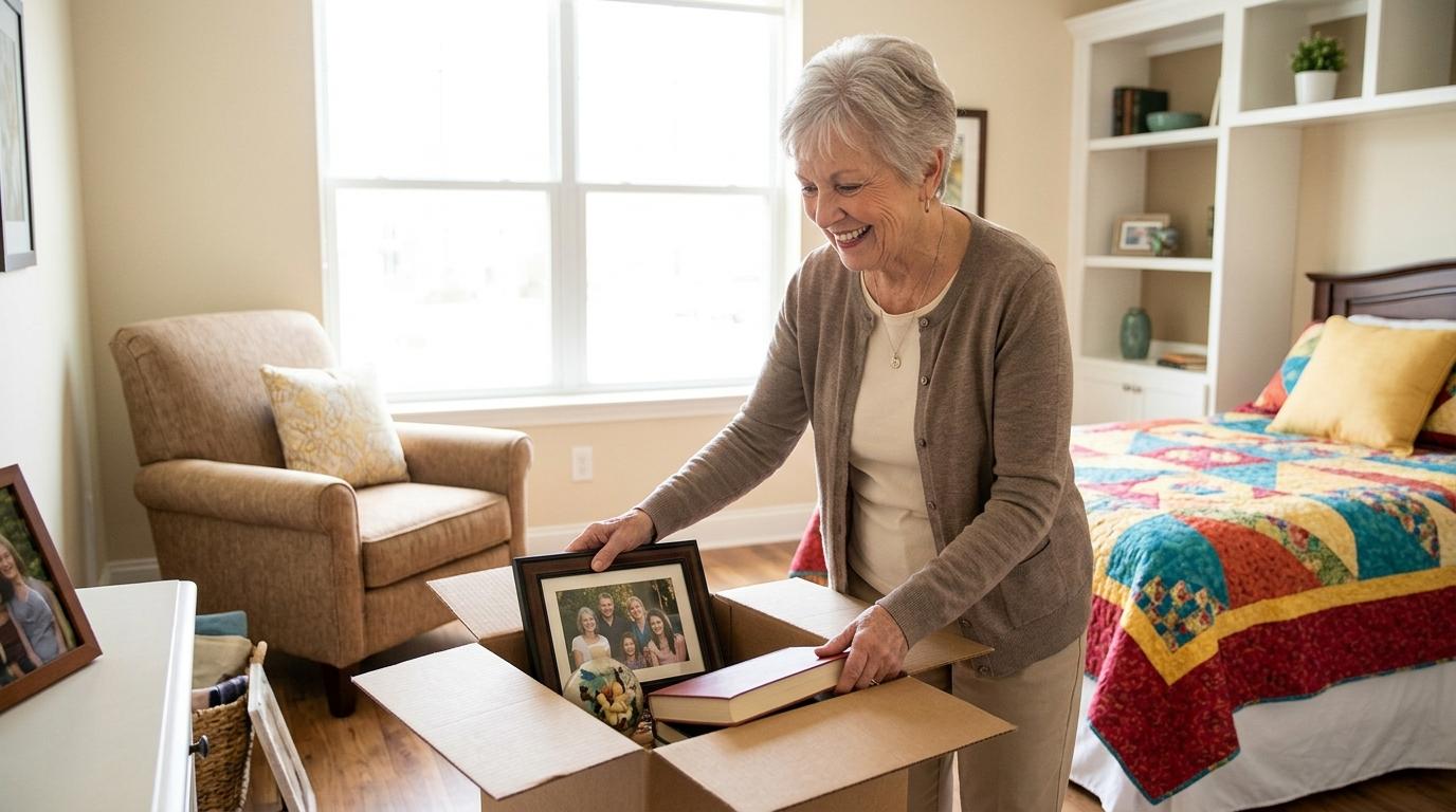 A smiling senior unpacks a box of mementos into their assisted living apartment.