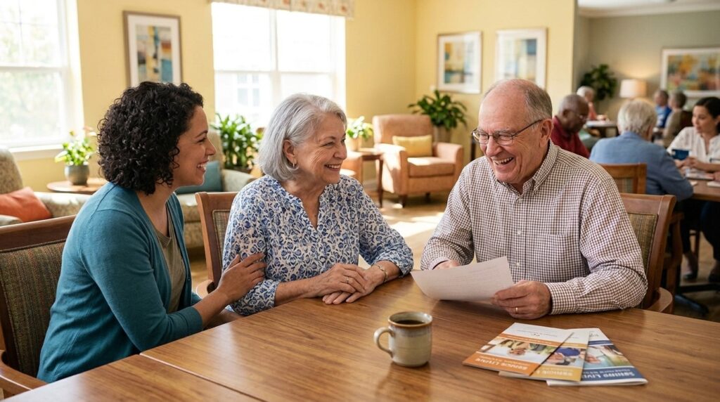 Smiling seniors review care options with a supportive family member at Longevity at Granite City senior living.
