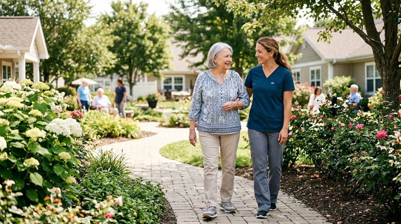 A caregiver helps a senior during a walk around their senior living courtyard.
