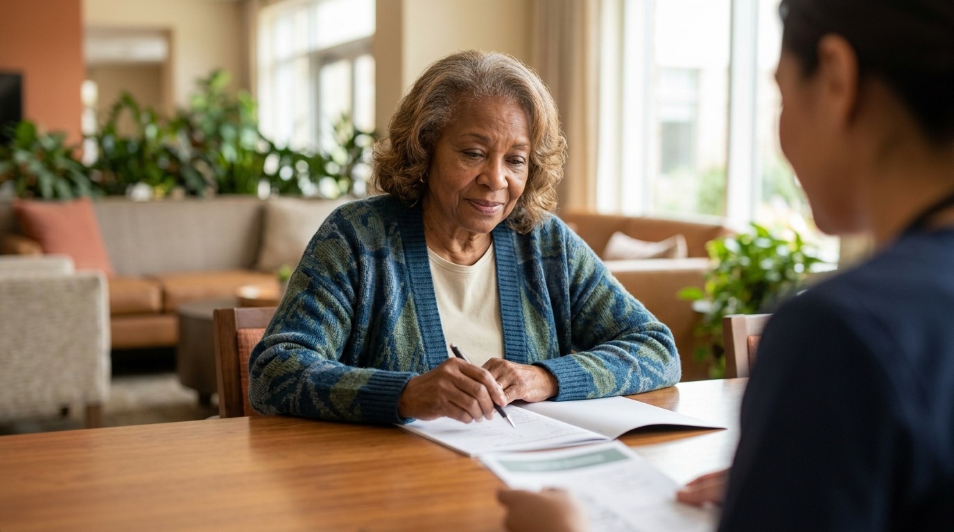 An older adult holds a pen and takes a written test during a memory screening with a healthcare professional