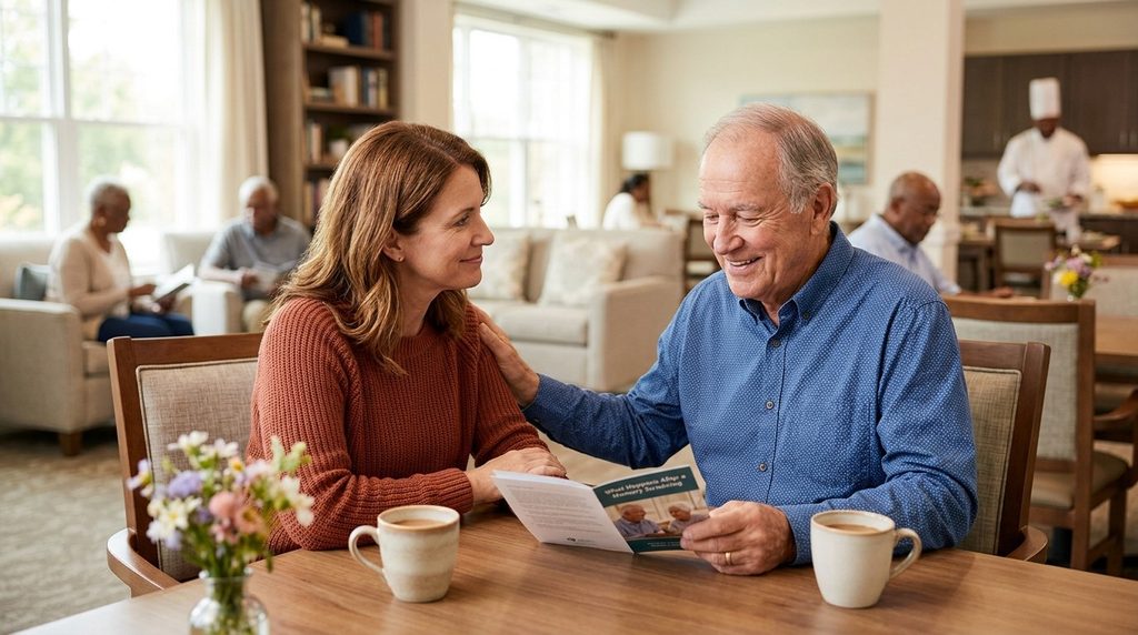 An older adult reviewing memory screening results with a supportive family member in a warm, welcoming setting.