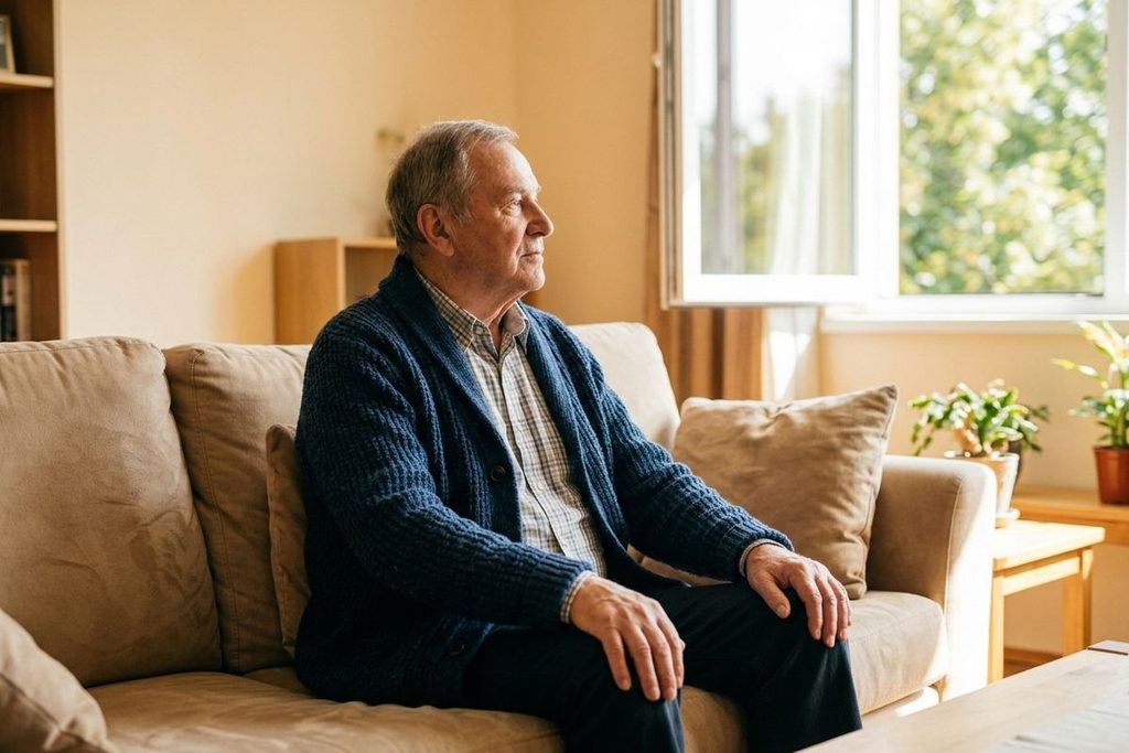 A senior in a blue knit cardigan sits on a beige sofa in a sunlit living room, looking toward the window with a thoughtful expression.