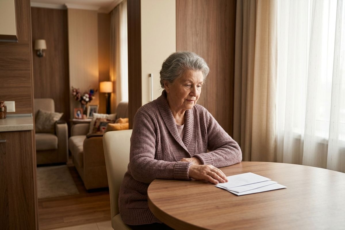 A senior in a pink cardigan sits at a wooden table at home, hand resting on white envelopes, looking down with a serious expression.